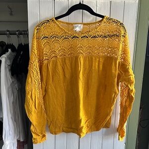 Sezane Golden Yellow Crochet Yoke Long Sleeve Top